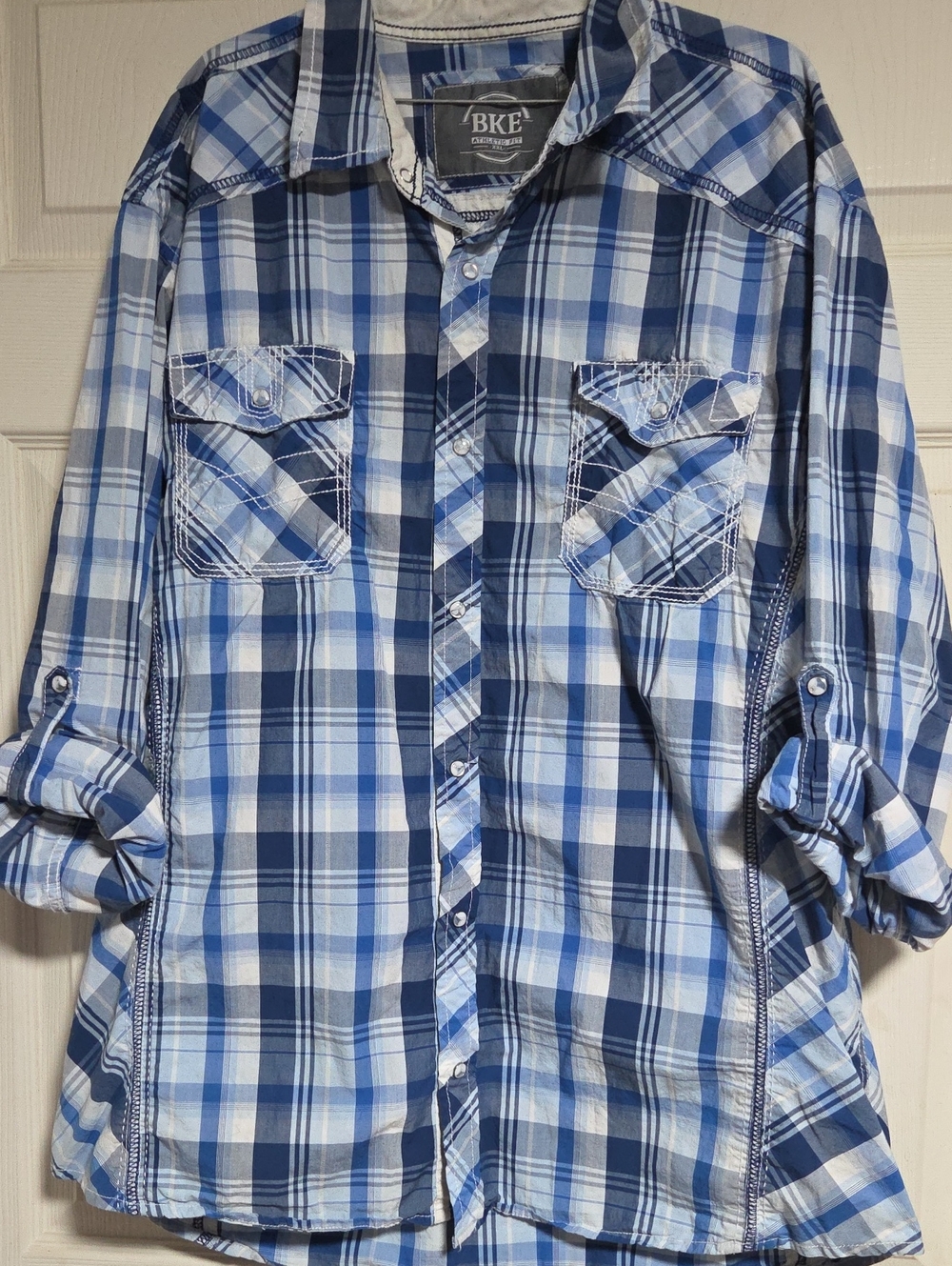 BKE Blue and White Plaid Snap Long Sleeve Mens Shirt Sz XXL